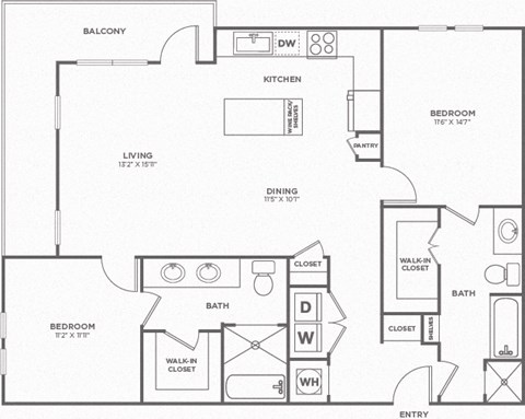 Floor plan for 2 beds, 2 baths, 1252 sqft